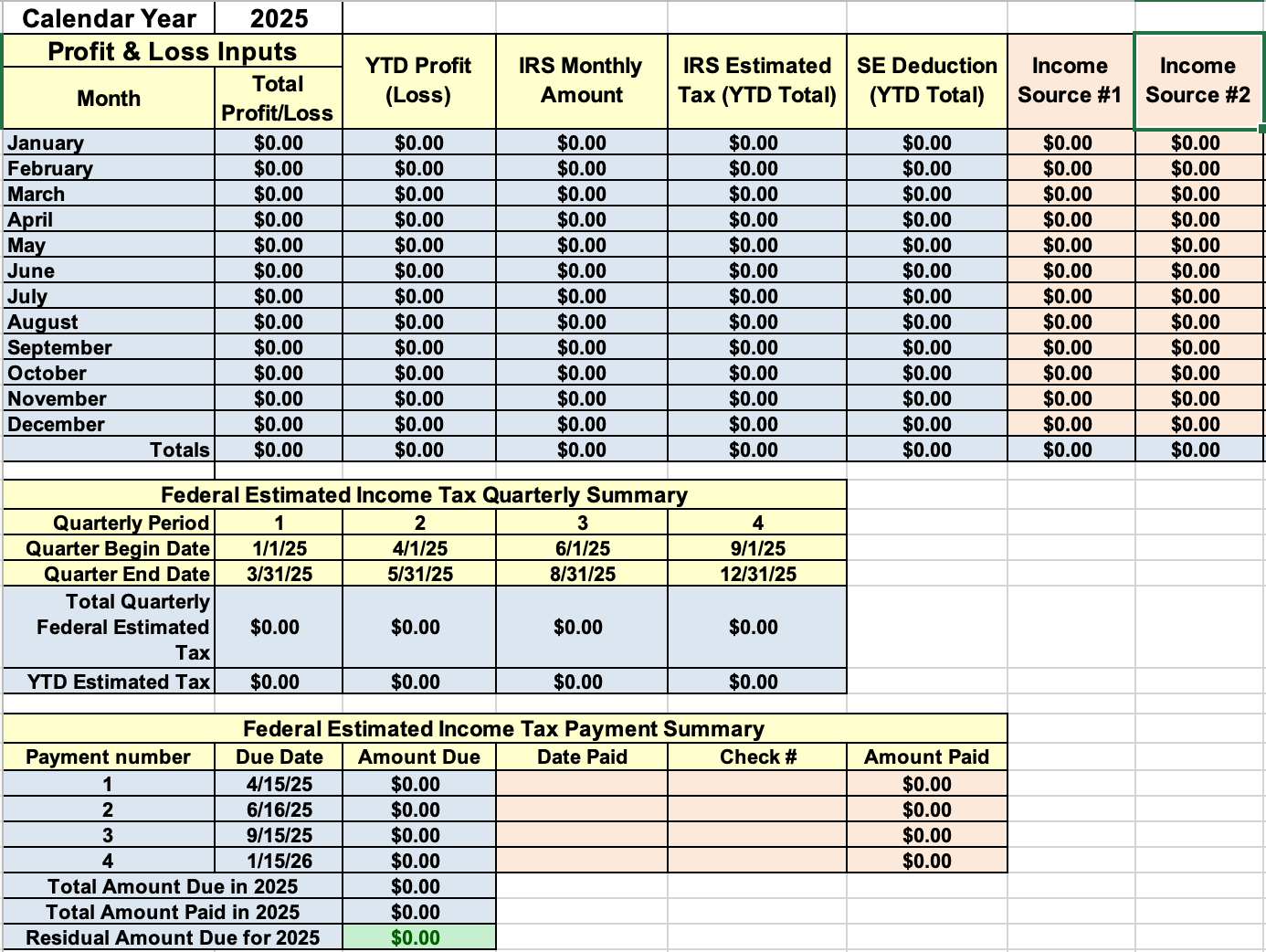 Excel 1040ES Federal 2025