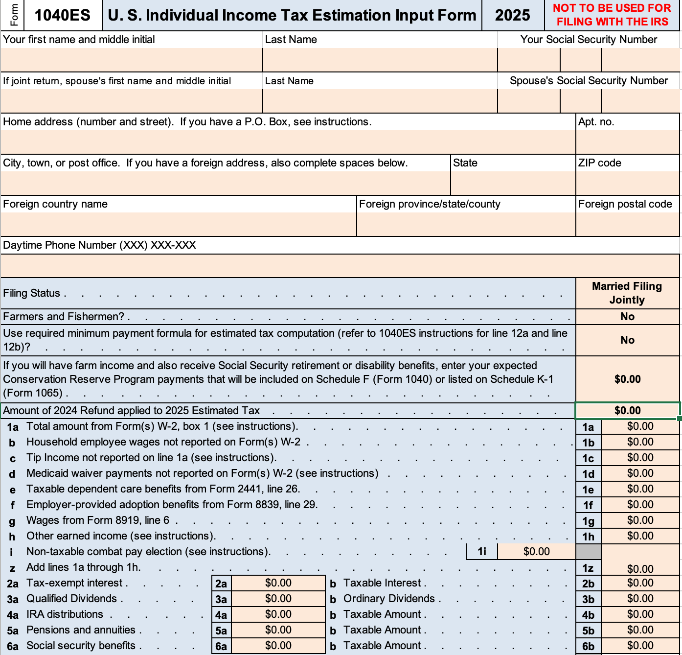 Excel 1040ES Federal 2025