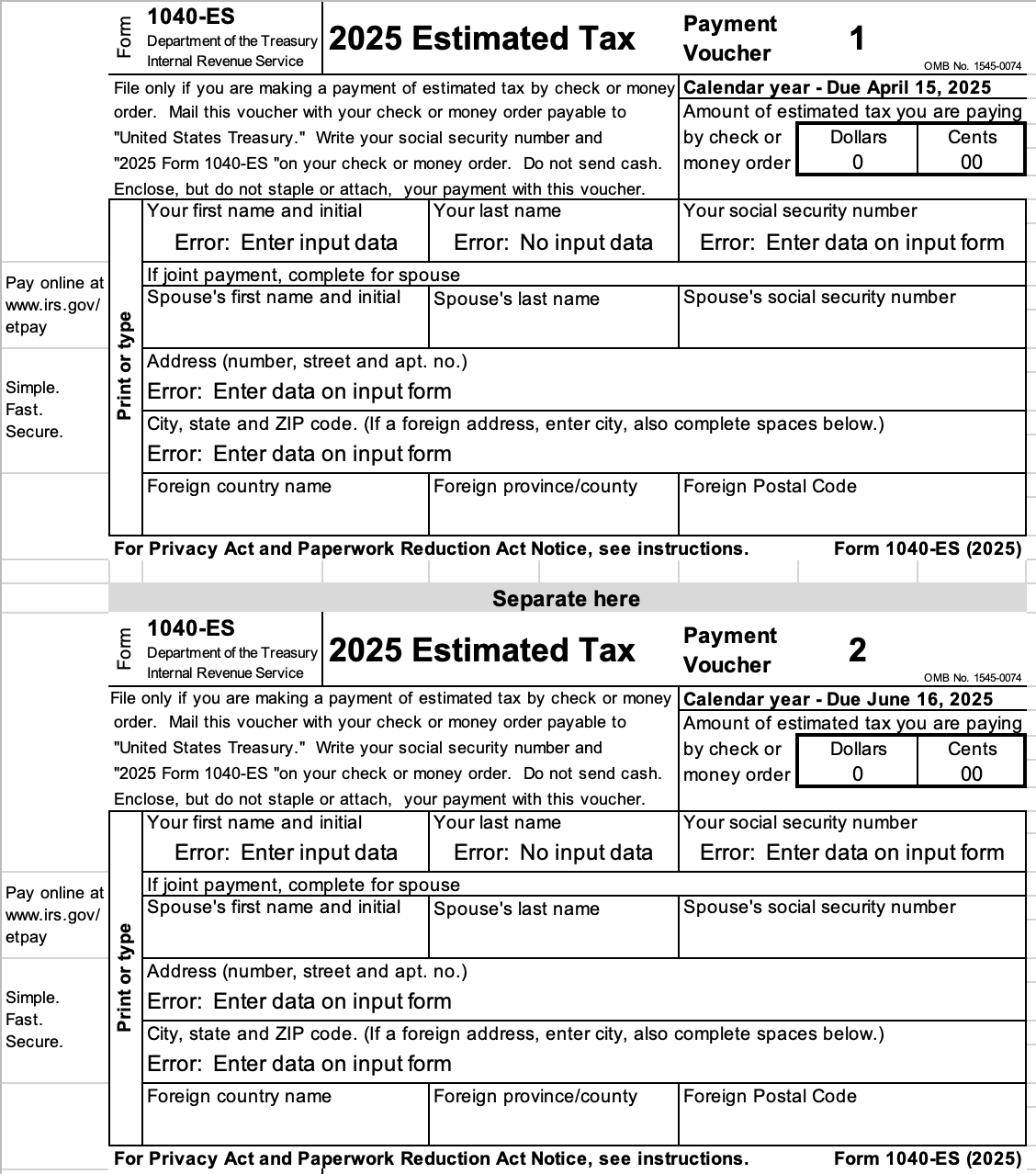 Excel 1040ES Federal 2025