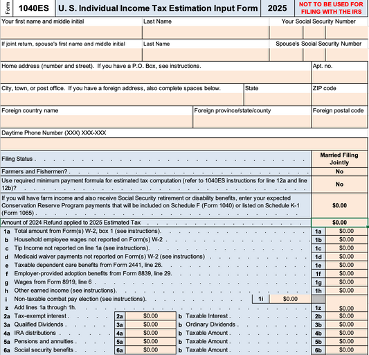 Excel 1040ES Federal 2025