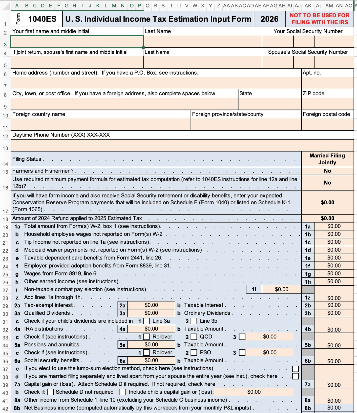 1040-ES Excel Calculator 2026 | Estimated Tax Spreadsheet