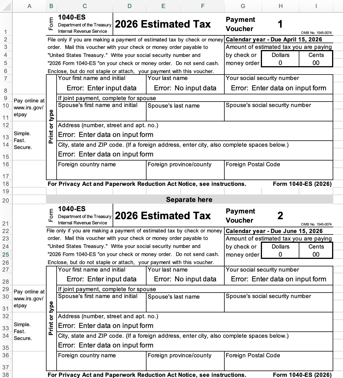 1040-ES Excel Calculator 2026 | Estimated Tax Spreadsheet