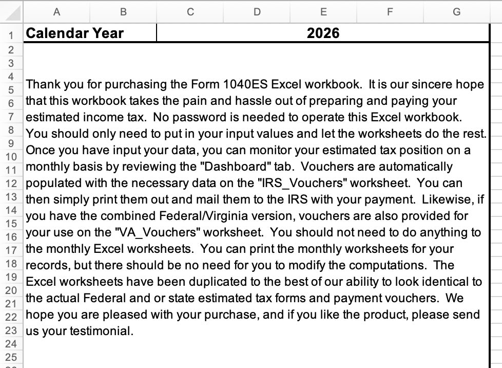 1040-ES Excel Calculator 2026 | Estimated Tax Spreadsheet